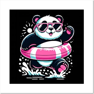 Pool Party Panda in Sunglasses on a Pink Float Funny Pool Panda Posters and Art